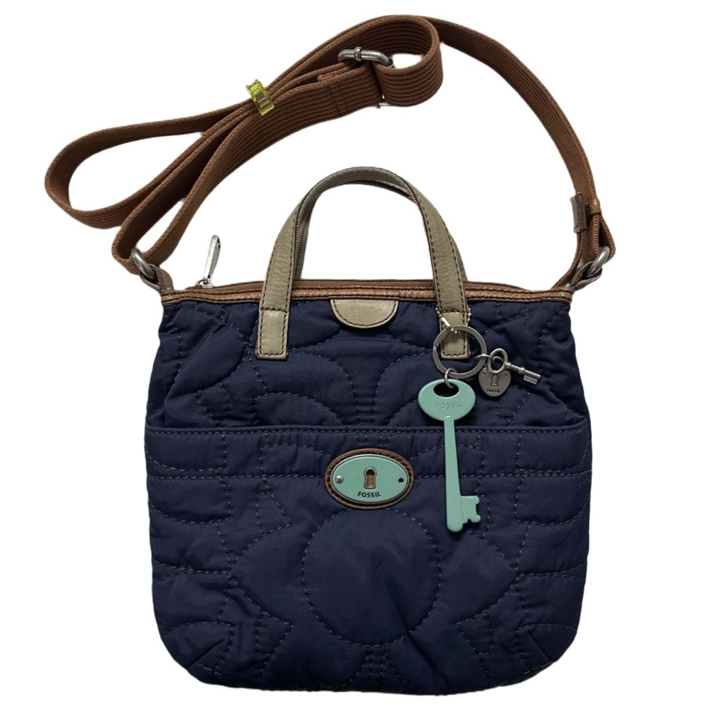 FOSSIL navy + teal key-per quilted crossbody purse with tan leather trim.